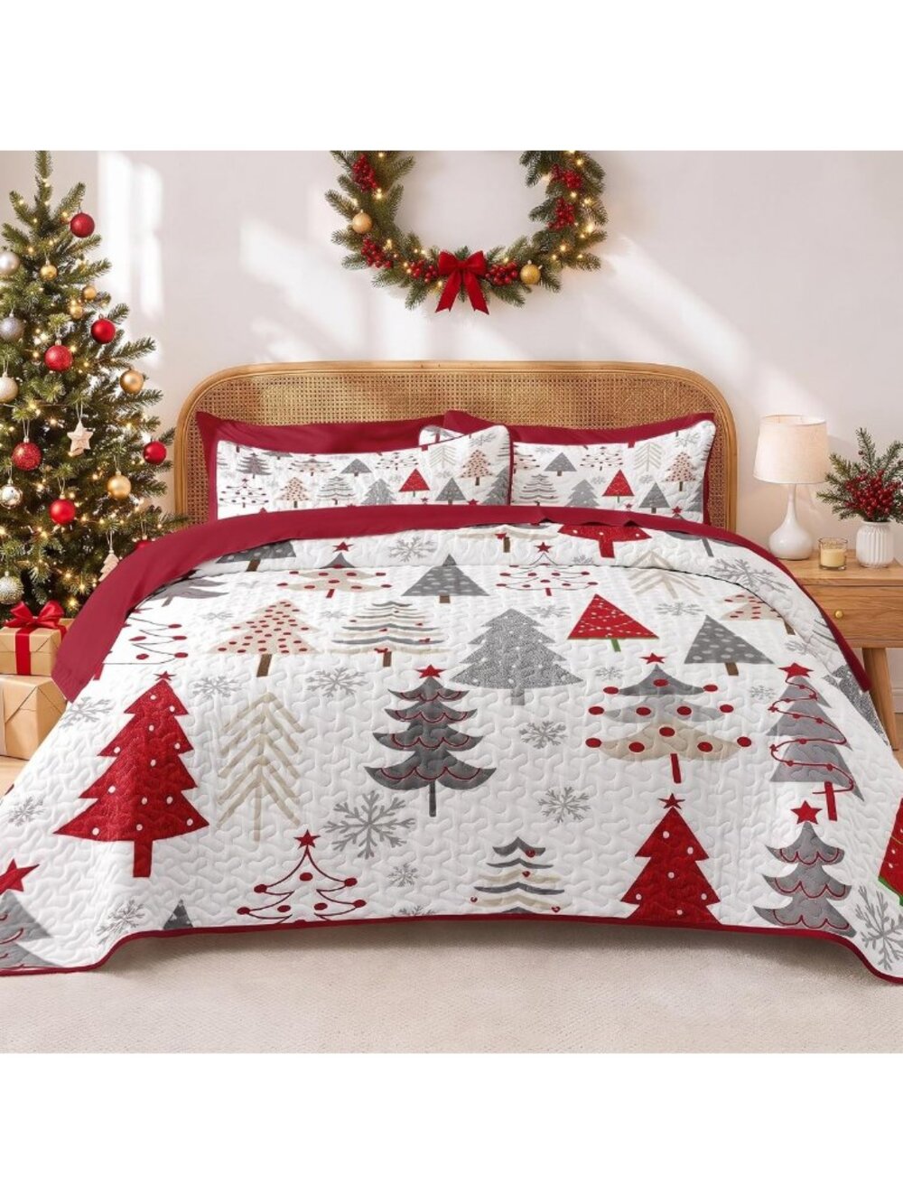 Cozy 7-Piece King Christmas Quilt Set - Festive Tree Red Bedding & Bedspread